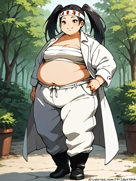 masterpiece, best quality, score_9, score_8_up, score_7_up, score_6_up, outdoors, 1girl, haylin, black hair, brown eyes, long hair, twin tails, female focus, solo, white jacket, white pants, headband, short hair, smile, black footwear, coat, crop top, midr...