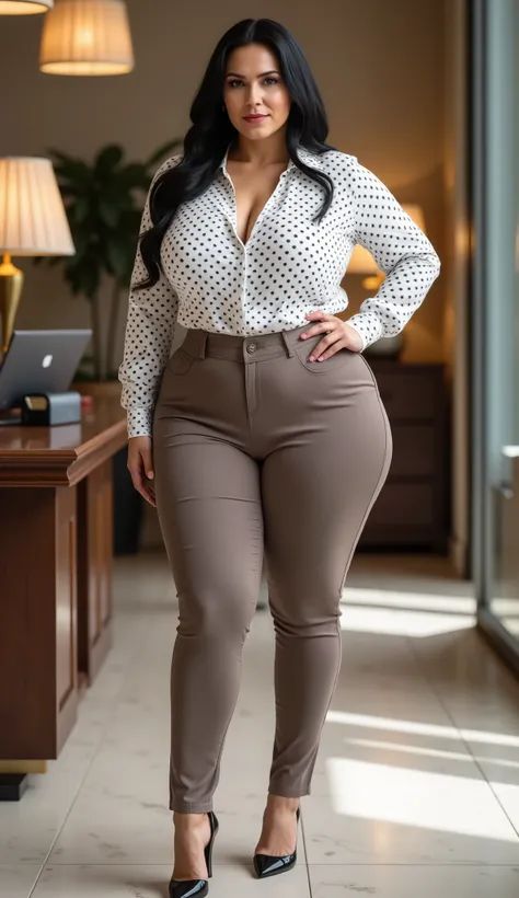 Sexy mature, 48-year-old mature.  Curvy voluptuous body,  hourglass figure,  wasp waist,  wide hips ,  thick thighs,  large back , big busts, viste Tone It Down Satin Trouser - Taupe, Subtle Grace Polka Dot Shirt - White/black,  wears shiny black heels,  S...