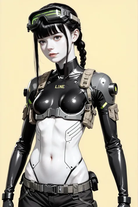 (masterpeace), high quality, (whole body:1.5),((Line Art: 1.5)), ((sci-fi comic style)), ((monochrome)), simple background, 
BREAK
A young girl wearing an black jacket parker, black pants, headgear, ((tactical helmet with night vision goggles)), (cyberpunk...
