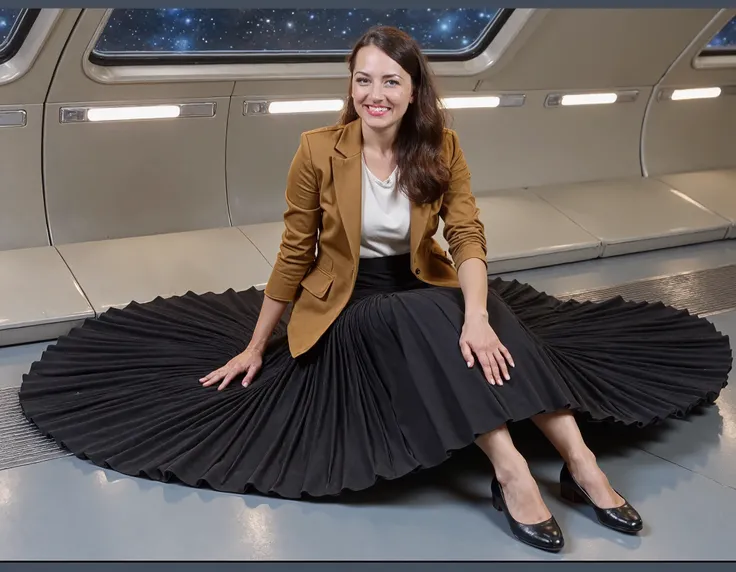  Soft focus captures a vintage aesthetic on 35mm film, reminiscent of Portra400 or Vision3 200T/500T. In a spaceship office, your therapist, who is a kind, mature lady sits on her desk surrounded by starry cosmos through large windows, showing her empathy ...