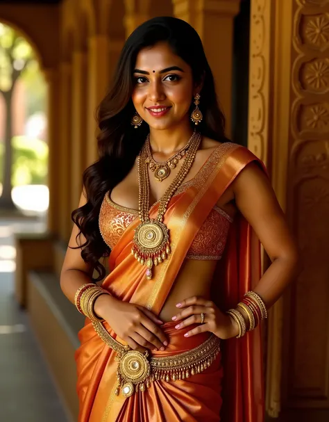 "Create a professional studio portrait of a sexy, seductive, hot woman dressed in a traditional outfit for a cultural event, such as a wedding or classical dance performance. The attire should be a luxurious saree with a deep blue body, a contrasting golde...