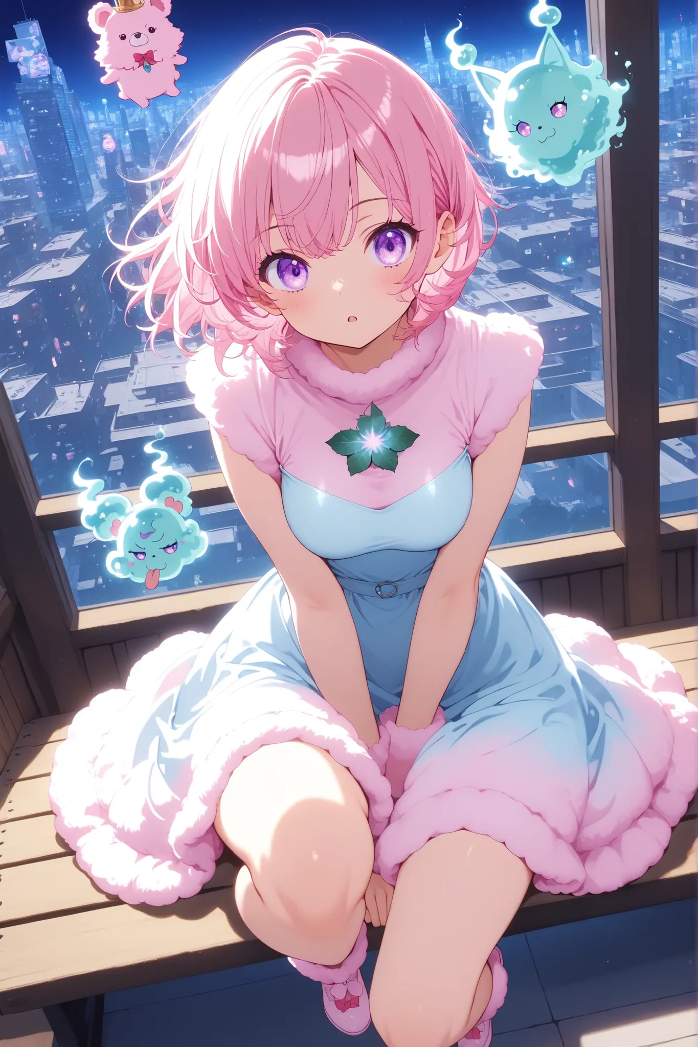 anime screenscap, 1 girl, violet eyes, light pink hair, short hair, cool, beautiful, medium breast, very cute, lovely, kawaii, sweet fluffy dress, solo, close-up, full body,sitting on a bench, looking at other, (cute little imaginary bear spirit, imaginar...