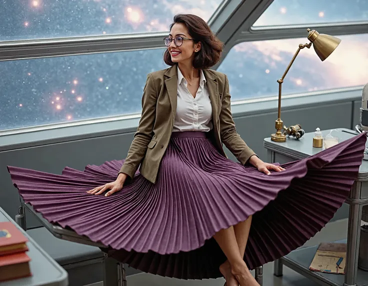  Soft focus captures a vintage aesthetic on 35mm film, reminiscent of Portra400 or Vision3 200T/500T. In a spaceship office, your therapist, who is a kind, mature lady sits on her desk surrounded by starry cosmos through large windows, showing her empathy ...