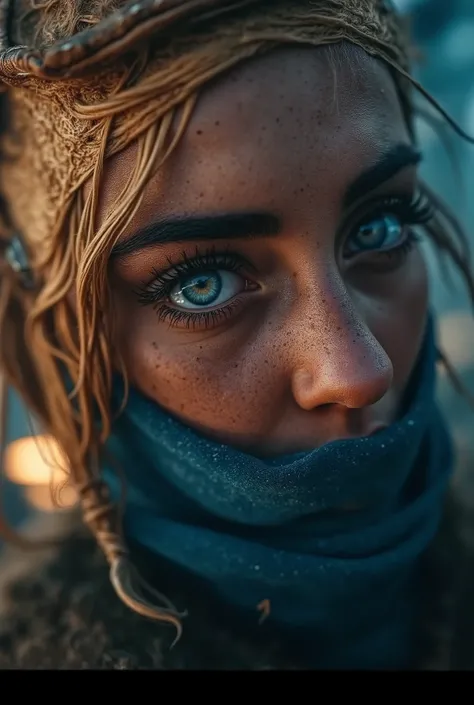 closeup photo of a striking female figure, her expression filled with intensity and defiance. detailed blue eyes, wearing a blue scarf over her mouth, blurry blue background in a cyberpunk city