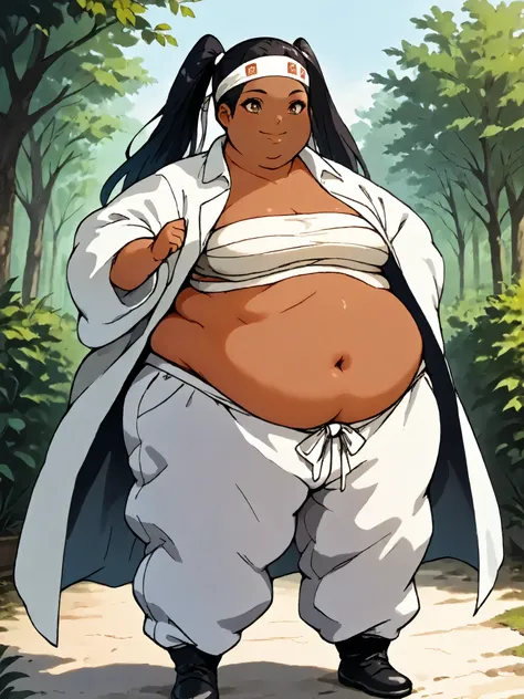 masterpiece, best quality, score_9, score_8_up, score_7_up, score_6_up, outdoors, 1girl, haylin, black hair, brown eyes, long hair, twin tails, dark skin, female focus, solo, white jacket, white pants, headband, short hair, smile, black footwear, coat, cro...