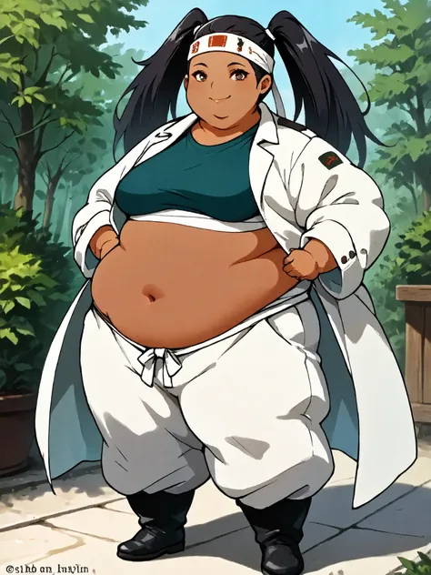 masterpiece, best quality, score_9, score_8_up, score_7_up, score_6_up, outdoors, 1girl, haylin, black hair, brown eyes, long hair, twin tails, dark skin, female focus, solo, white jacket, white pants, headband, short hair, smile, black footwear, coat, cro...