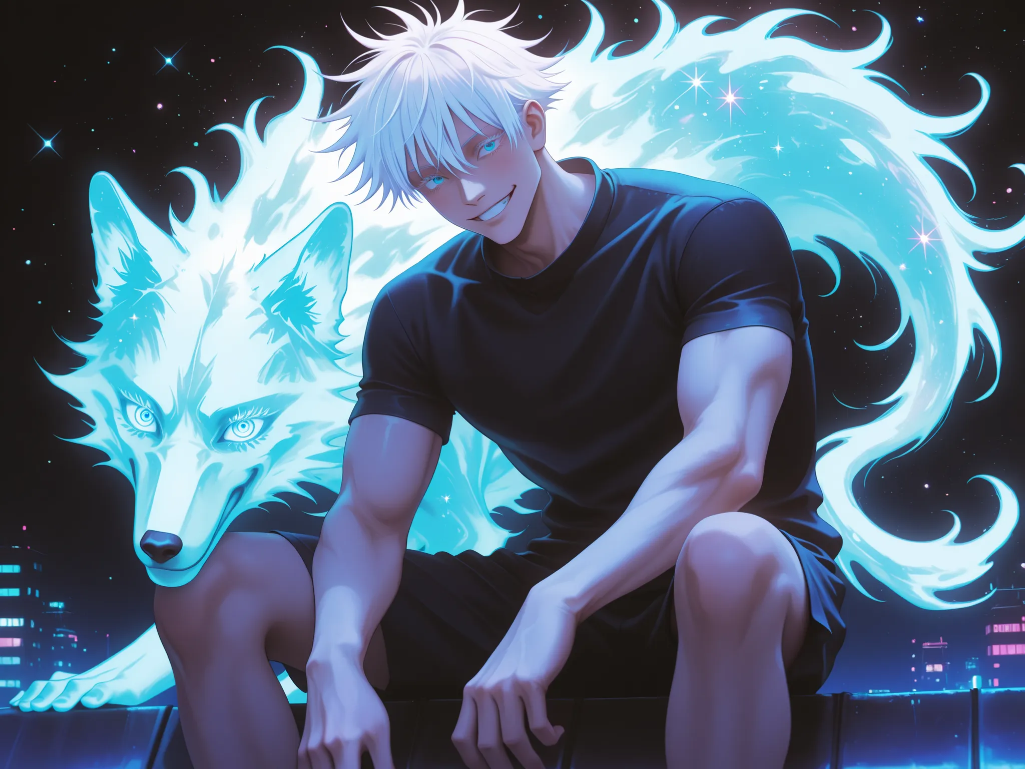 1man, adult, male focus, gojou satoru, jujutsu kaisen, white hair, short hair, ((hair between eyes)), colored eyelashes, white eyelashes, blue eyes, intricate eye iris, detailed eyes, muscular male, sexy man, handsome man, handsome face,
 hoddie, shorts, s...