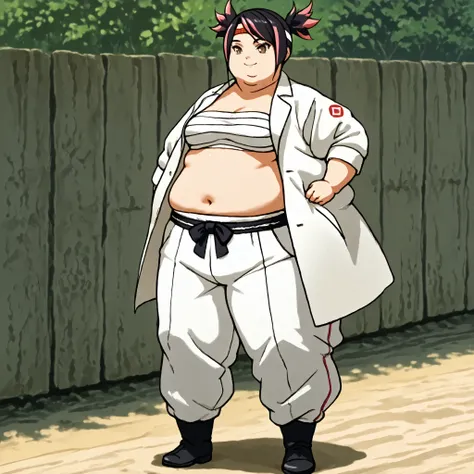 masterpiece, best quality, score_9, score_8_up, score_7_up, score_6_up, outdoors, 1girl, miko nakadai, short hair, black hair, pink hair, multicolored hair, two-tone hair, twin tails, streaked hair, brown eyes,  female focus, solo, white jacket, white pant...