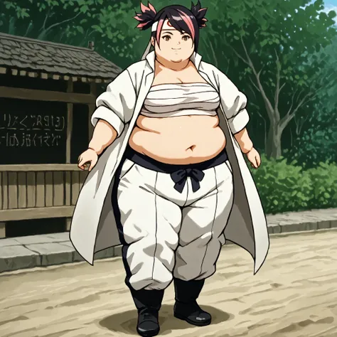masterpiece, best quality, score_9, score_8_up, score_7_up, score_6_up, outdoors, 1girl, miko nakadai, short hair, black hair, pink hair, multicolored hair, two-tone hair, twin tails, streaked hair, brown eyes,  female focus, solo, white jacket, white pant...