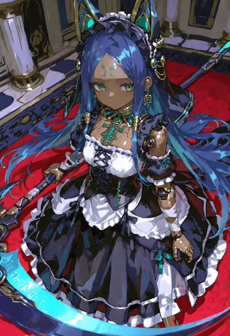 Maid Outfit。Blue hair。Forehead。green eyes。Mechanical joints。machine body。bright gothic room。headdress。Ear Ornaments。Big Scythe。Egyptian Style。Brown skin。motion blur effect。 Long Skirt。Bandaged。Scythe Blue Blade。DynamicAction。composition from above。previous...