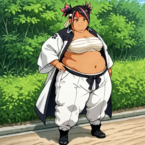 masterpiece, best quality, score_9, score_8_up, score_7_up, score_6_up, outdoors, 1girl, miko nakadai, short hair, black hair, pink hair, multicolored hair, two-tone hair, twin tails, streaked hair, brown eyes, dark skin, female focus, solo, white jacket, ...