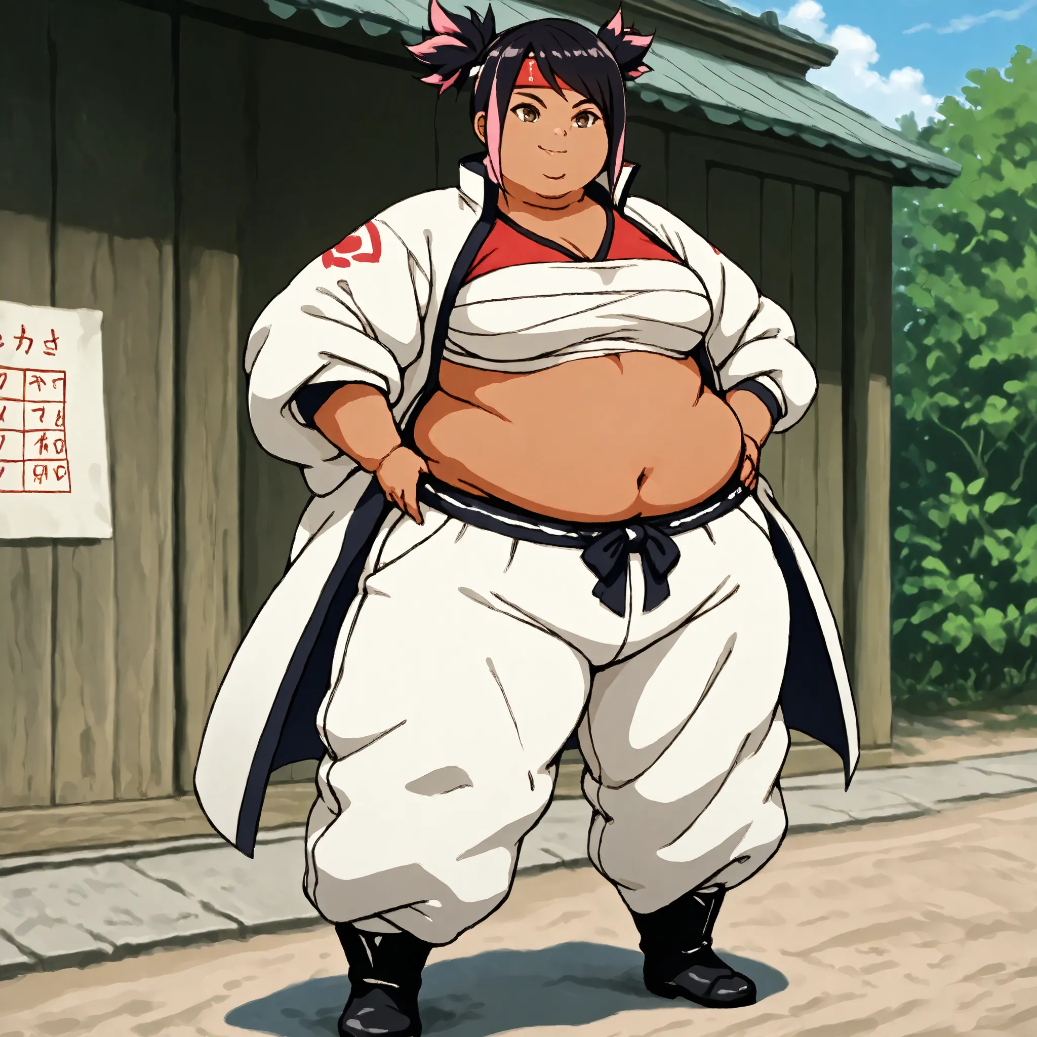masterpiece, best quality, score_9, score_8_up, score_7_up, score_6_up, outdoors, 1girl, miko nakadai, short hair, black hair, pink hair, multicolored hair, two-tone hair, twin tails, streaked hair, brown eyes, dark skin, female focus, solo, white jacket, ...