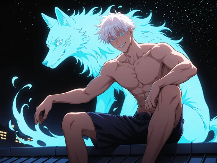 1man, adult, male focus, gojou satoru, jujutsu kaisen, white hair, short hair, ((hair between eyes)), colored eyelashes, white eyelashes, blue eyes, intricate eye iris, detailed eyes, muscular male, sexy man, handsome man, handsome face,
 hoddie, shorts, s...