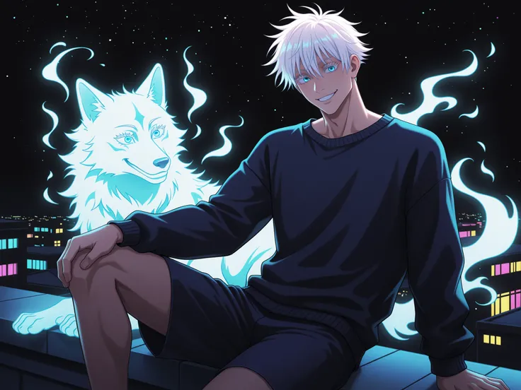 1man, adult, male focus, gojou satoru, jujutsu kaisen, white hair, short hair, ((hair between eyes)), colored eyelashes, white eyelashes, blue eyes, intricate eye iris, detailed eyes, muscular male, sexy man, handsome man, handsome face,
sweater, shorts, s...