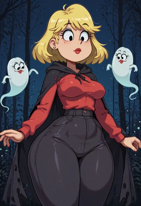 Rita Loud, mature female, short hair, slightly curly hair, blonde hair, black eyes, big eyes, long eyelashes, small saggy breasts, rounded breasts, narrow waist, thick thighs, huge hips, huge ass. fair skin, thin hands, earrings, makeup, red lips, lipstick...