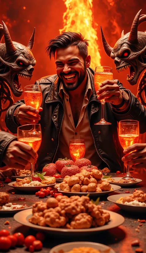 A hyper-realistic, high detail digital painting of a 38-year-old Latino man celebrating his birthday in hell. The man has short black wavy hair, a trimmed beard, and wears a worn leather jacket. He’s laughing genuinely, surrounded by demonic beings with sk...