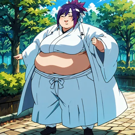 masterpiece, best quality, score_9, score_8_up, score_7_up, score_6_up, outdoors, 1girl, miko, long hair, multicolored hair, purple hair, female focus, solo, white jacket, white pants, headband, short hair, smile, black footwear, coat, crop top, midriff sa...