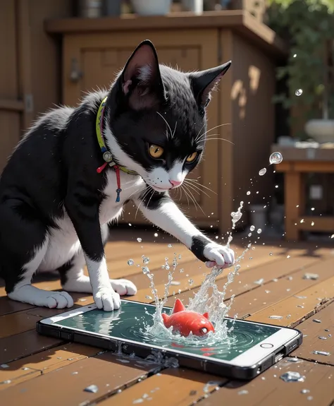 A smartphone is on the floor. A black-and-white cat is peering into the screen. On the screen of the smartphone is a video of a fish swimming in a river. (The fish jumps out of the screen with many splashes), (The cat sees this and extends one paw to the f...