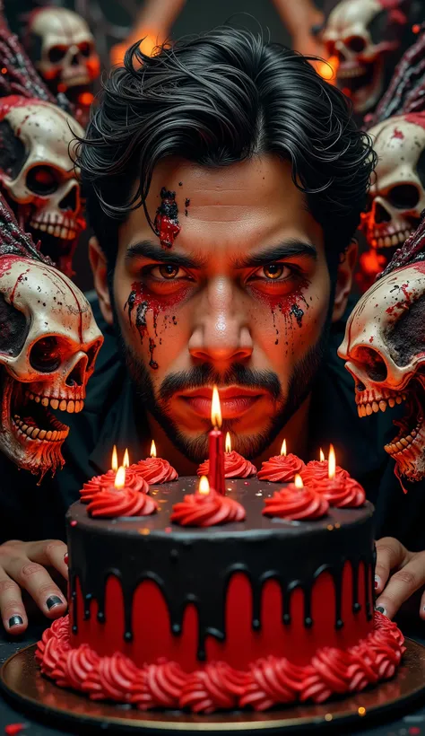 A hyper-realistic, high detail close-up of a demonic birthday cake with black candles and blood-red icing, being presented to a 38-year-old Latino man. His eyes are filled with emotion, tears reflecting flames, as he leans forward to blow out the candles. ...