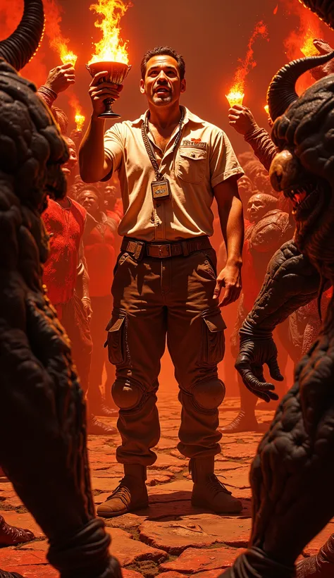 A hyper-realistic, high detail digital painting of a 38-year-old Latino man standing on a lava-rock platform surrounded by demons raising their glasses. The man is mid-speech, his right hand holding a flaming chalice, his face half-lit by molten cracks in ...