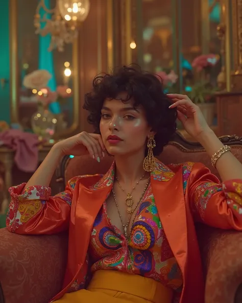 film (2929) Luis Buñuel. Close-up of woman in colorful costume and interior design space , in fhasion style posing with everyday elements , messy and chaotic palace , Experimental Art. Masterpiece