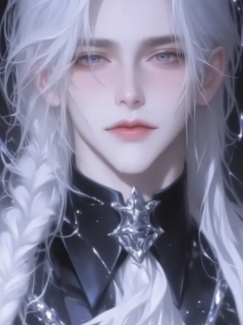 1boy,male focus,white hair,long hair,solo,half body,braid,smirk,close-up face,20-year-old man,young man,handsome man,masterpiece,best quality,high resolution,long eyelashes,beautiful,light purple eyes,priestess uniform
