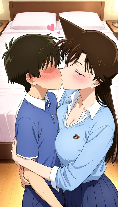 kissing画像,舌を絡ませたkissingをします,masterpiece,最High Quality,{{attention to detail beautiful face and eyes}}, very detailed background,the background is the Bedroom,Bedroom,  Mouri Ran,long hair,brown hair,skinny,  Slim, Slimの体,Motion Lines、Anime Coloring、tall woman、high school students、A kind sister、masterpiece、High Quality、high definition、 Pretty Fingers、 Glowing Lips 、uniform、(Put on clothes),make your face bright red横たわり、(kissing、ディープkissing:1.3)、(向かい合い密着し抱きつきkissingをする:1.0)、女性と幼い少年が向かい合って抱きつきkissingをします、Face to face hug 、Shiba Inu launched from a,entangle your feet、女性はentangle your feet、(loving kind woman )、(little short boy、women have an advantage over boys)、(short,  with no eyes)、short boy with short black hair、short boy 、(height difference、differences in body size)、(girl 1 boy :1.0)、(Smile Yan,blush:1.1),women have a gentle expression、embarrassed face、Embarrassing Expressions、Women Are Happy  、Anyway,  happy woman with dark forehead、happy and irresistible women、make your face bright red 、women have a naughty expression、pose wearing a boy's skirt、joy、mouth、drool、 grabs a woman's breasts 、white breath、hot、Steam、heart mark、  lovey-dovey mood  、Bedroom、in the Bedroom、upper body、upper bodyフォーカス、kissingフォーカス、top view angle,