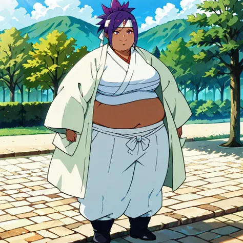 masterpiece, best quality, score_9, score_8_up, score_7_up, score_6_up, outdoors, 1girl, miko, long hair, multicolored hair, purple hair, female focus, solo, dark skin, white jacket, white pants, headband, short hair, smile, black footwear, coat, crop top,...