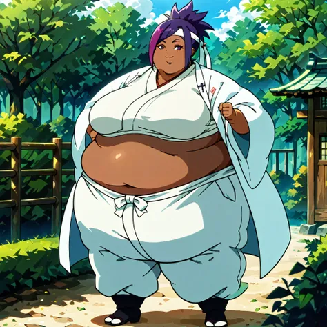masterpiece, best quality, score_9, score_8_up, score_7_up, score_6_up, outdoors, 1girl, miko, long hair, multicolored hair, purple hair, female focus, solo, dark skin, white jacket, white pants, headband, short hair, smile, black footwear, coat, crop top,...