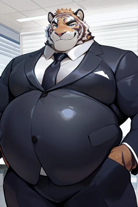 very awa,masterpiece,best quality,year 2024,newest,highres,absurdres,detailed background，1boy ,furry male, tiger,Muscular,overweight, office,glistening skin,5 fingers,cowboy shot,large pecs， suit ，tie，Smirk,big belly