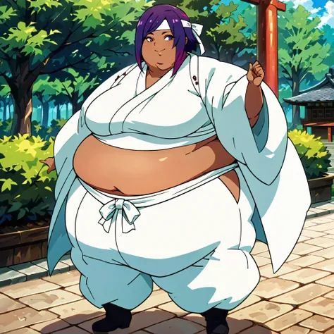 masterpiece, best quality, score_9, score_8_up, score_7_up, score_6_up, outdoors, 1girl, miko, long hair, multicolored hair, purple hair, female focus, solo, dark skin, white jacket, white pants, headband, short hair, smile, black footwear, coat, crop top,...