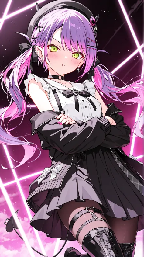 cowboy shot, dynamic angle, low angle shot, extreme angle, focus face, crossed arms, black beret, 1girl, tokoyami towa, choker, hair ornament, virtual youtuber, multicolored hair, o-ring, thigh strap, earrings, streaked hair, twintails, blush, x hair ornam...