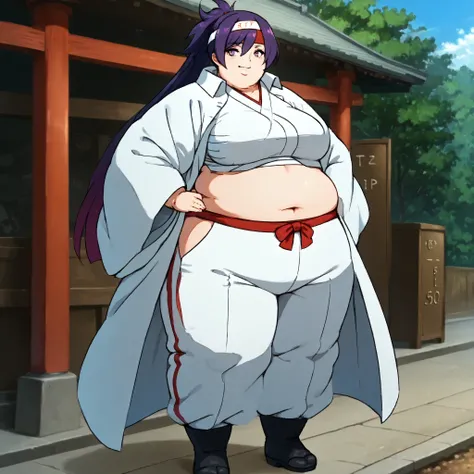 masterpiece, best quality, score_9, score_8_up, score_7_up, score_6_up, outdoors, 1girl, miko, long hair, multicolored hair, purple hair, female focus, solo, white jacket, white pants, headband, short hair, smile, black footwear, coat, crop top, midriff sa...