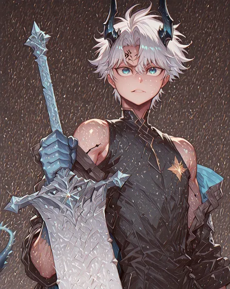 alone, 1 boy, young male character, character with height and body of Killua Zoldyck from "Hunter x Hunter", the character is a young boy who has four long black horns like Reed The Flame Shadow from "Arknights" and a black dragon tail with a large sky blu...