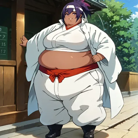 masterpiece, best quality, score_9, score_8_up, score_7_up, score_6_up, outdoors, 1girl, miko, long hair, multicolored hair, purple hair, female focus, solo, dark skin, white jacket, white pants, headband, short hair, smile, black footwear, coat, crop top,...