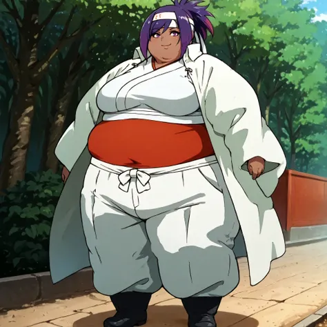 masterpiece, best quality, score_9, score_8_up, score_7_up, score_6_up, outdoors, 1girl, miko, long hair, multicolored hair, purple hair, female focus, solo, dark skin, white jacket, white pants, headband, short hair, smile, black footwear, coat, crop top,...