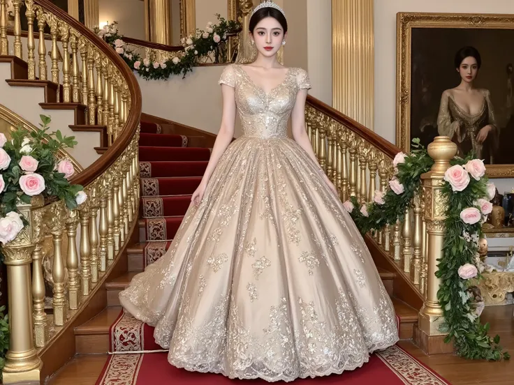 A full-body, high-angle, rear view of a woman ascending a grand, ornate staircase. She is wearing an incredibly lavish, champagne or antique gold ball gown. The dress features a voluminous skirt, intricately embroidered with delicate gold lace patterns and...