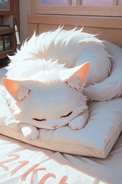absurdres,  highres, ultra detailed, HDR, master 
, best quality, Fluffy kitten is sleeping happily, Watercolor painting, 2D picture , Brush marks,  comic style, Cute Pastel 