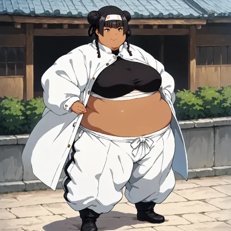 masterpiece, best quality, score_9, score_8_up, score_7_up, score_6_up, outdoors, 1girl, leifang, long hair, hime cut, twin braids, double bun, black hair, female focus, solo, white jacket, white pants, headband, dark skin, smile, black footwear, coat, cro...