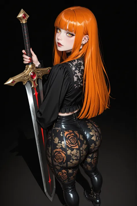 1girl, vampire, standing, segmented blade sword, fair skin, cropped lace gothic top,  piercings, beautifully detailed gold eyes, long thick orange hair, hime cut,looking back at viewer, thick thighs, leather mesh gothic rose print pants, long ornate boots,...