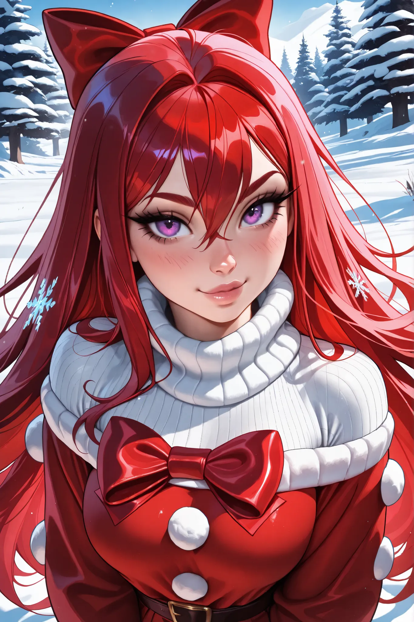 (TangoBat:0.7),(Sakimichan:0.7), A digital illustration of a stylized Christmas-themed Ariel-like character, with vibrant pink/red hair, a detailed white turtleneck sweater with a red Christmas-themed dress featuring snowflake patterns and a red bow,  exud...
