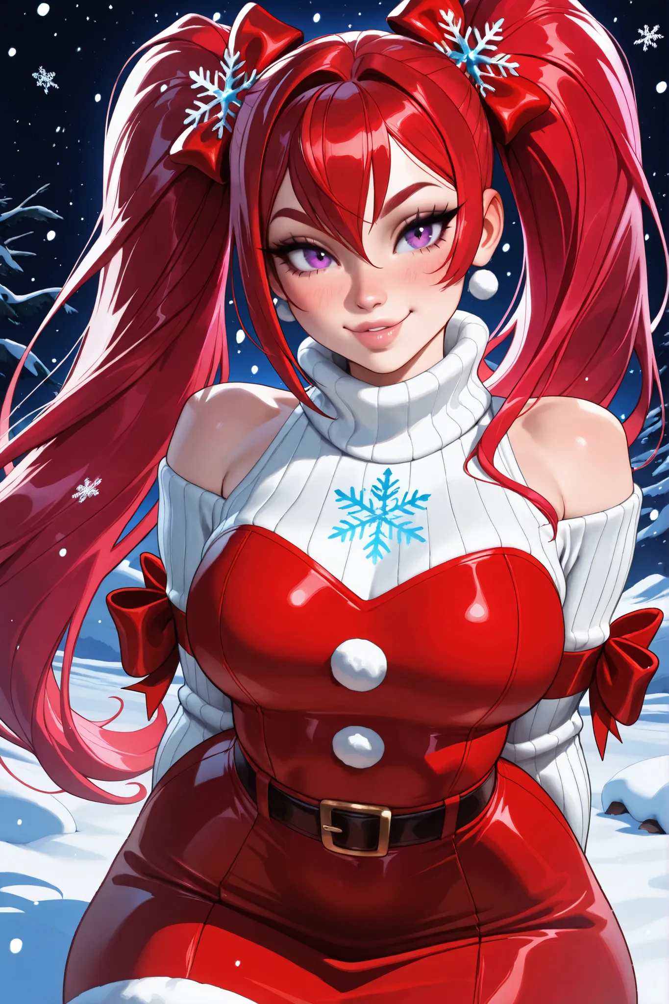 (TangoBat:0.7),(Sakimichan:0.7), A digital illustration of a stylized Christmas-themed Ariel-like character, with vibrant pink/red hair, a detailed white turtleneck sweater with a red Christmas-themed dress featuring snowflake patterns and a red bow,  exud...