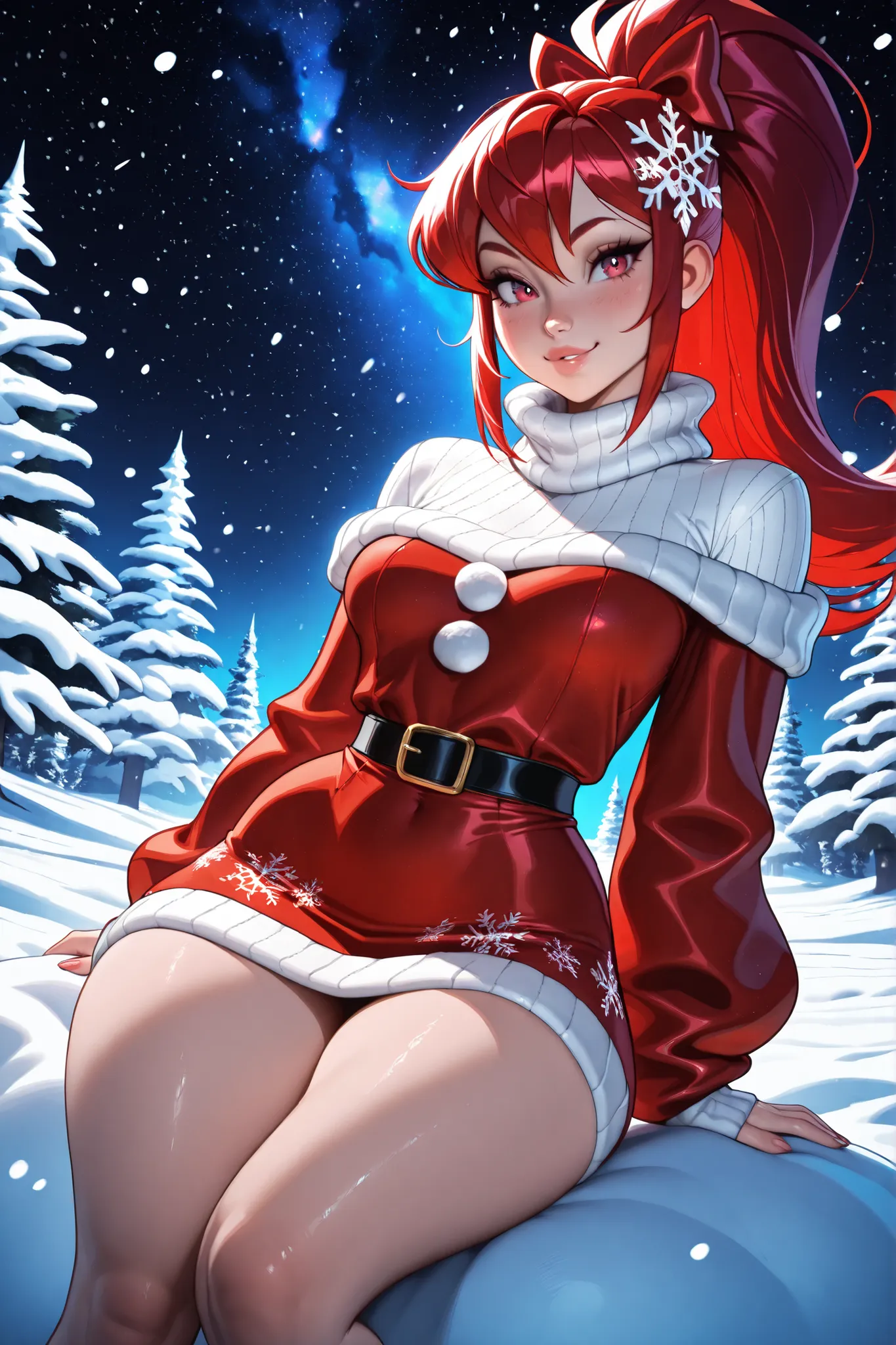 (TangoBat:0.7),(Sakimichan:0.7), A digital illustration of a stylized Christmas-themed Ariel-like character, with vibrant pink/red hair, a detailed white turtleneck sweater with a red Christmas-themed dress featuring snowflake patterns and a red bow,  exud...