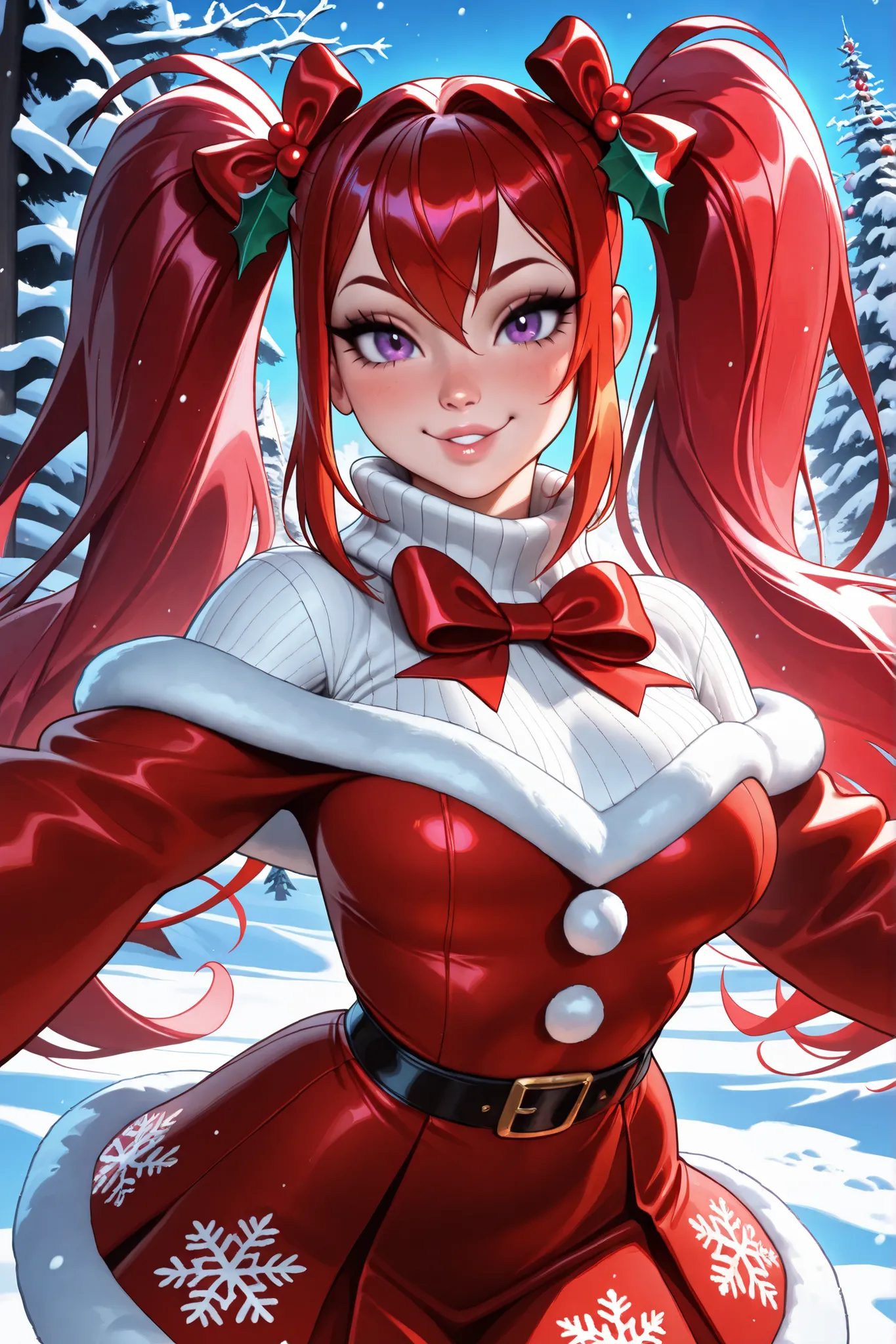 (TangoBat:0.7),(Sakimichan:0.7), A digital illustration of a stylized Christmas-themed Ariel-like character, with vibrant pink/red hair, a detailed white turtleneck sweater with a red Christmas-themed dress featuring snowflake patterns and a red bow,  exud...