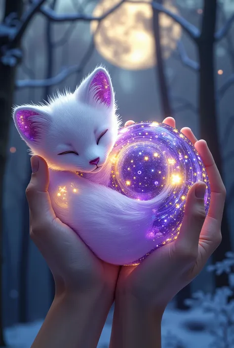 A small starry fox-cat hybrid curled up in a peaceful sleeping pose, its translucent body glowing with swirling purple nebulae and sparkling gold stars. Its fluffy white fur fades into the cosmic depths, and its oversized sapphire galaxy eyes shimmer faint...