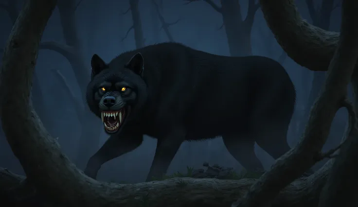 Black wolf, ferocious, vicious, nighttime, foggy, twisted forest background, high detail, masterpiece.