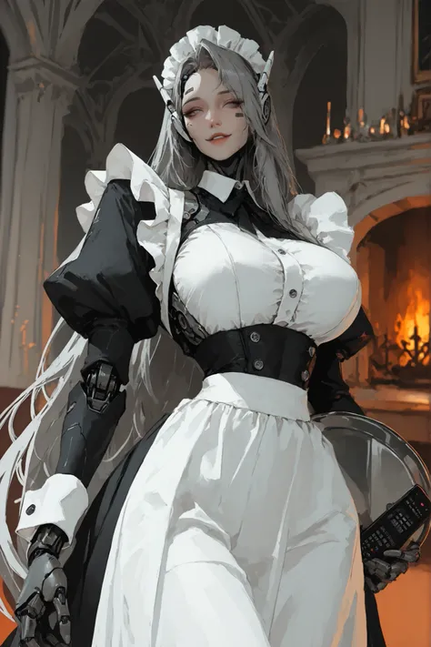 solo, female, very long hair, light skin, grey eyes, smile, huge breasts, frilly traditional English maid outfit, close up, fluttering dress, frills, mansion, luxurious, parted lips, maid headdress, electronic headdress resembling a remote, elegant, holdin...