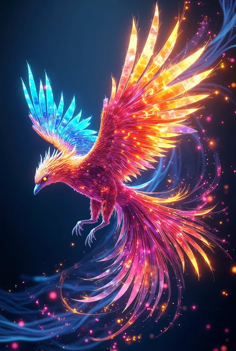 A majestic phoenix soaring through the sky, refracted through a fractured prism, where sharp geometric shards scatter light in every direction. The colors morph and interlock, blending into a kaleidoscope of fiery oranges, deep scarlet reds, and electric b...
