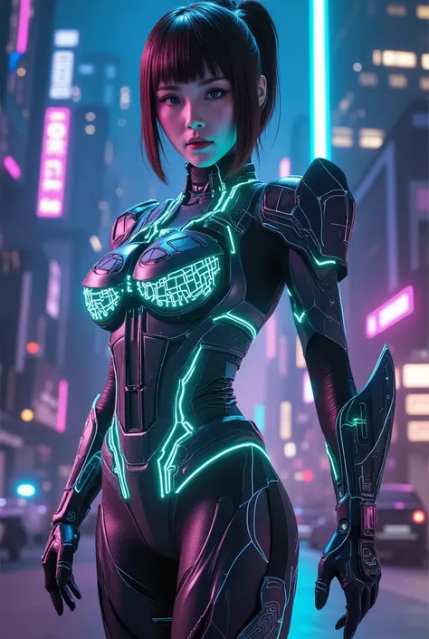 Futuristic female warrior, standing strong in a neon-lit cyberpunk city. She wears a sleek, tight-fitting combat suit adorned with glowing electronic circuits. The suit blends advanced technology with origami-inspired designs, creating intricate folds and ...