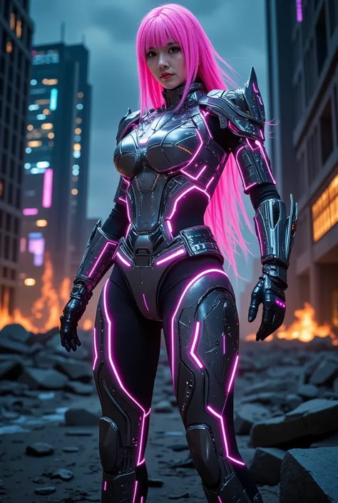 A futuristic female warrior stands in a post-apocalyptic wasteland, her battle-ready form enhanced by glowing neon accents that pulse across her high-tech, intricately patterned armor. The armor itself features sharp, angular lines, with embedded electroni...